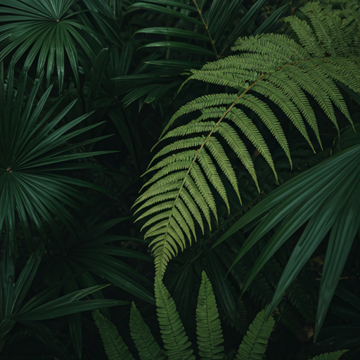 A portrait-style close-up of lush tropical foliage in the Philippines, with deep green ferns and organic textures. The lighting is soft and diffused, creating a serene, high-end editorial mood that complements the quiet luxury of the Modern Tropical Luxury brand. The composition uses plenty of negative space and clean lines.