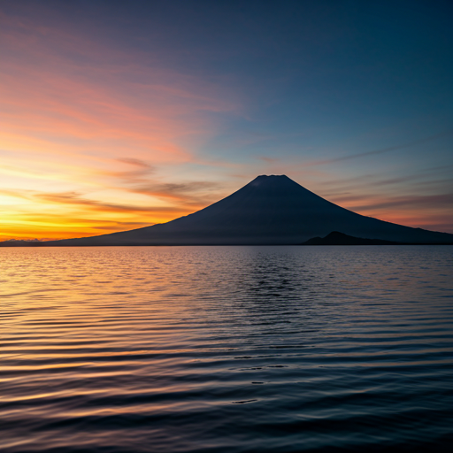 A wide panoramic shot of a volcanic landscape at dawn. The sky is a blend of soft oranges and deep indigos, reflecting on the calm surface of a massive lake. In the distance, the silhouette of a volcano stands proud against the horizon, with thin veils of mist clinging to its base. The scene is quiet, majestic, and captured with a high-end editorial lens, emphasizing a minimalist and sophisticated natural aesthetic.